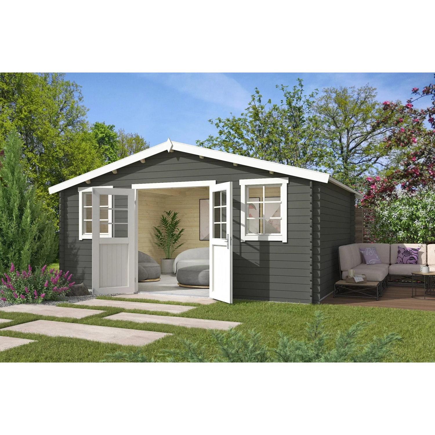 Lasita Gartenhaus Udo 380 Grau-Grün 480 cm x 380 cm