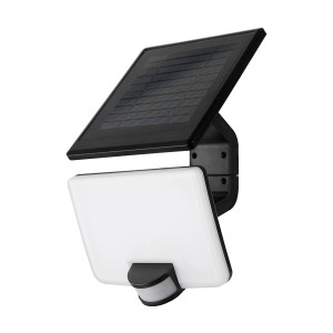 Schwarzer MegaLight Solar-LED-Strahler Sunflood mit Bewegungsmelder und Solarpanel.