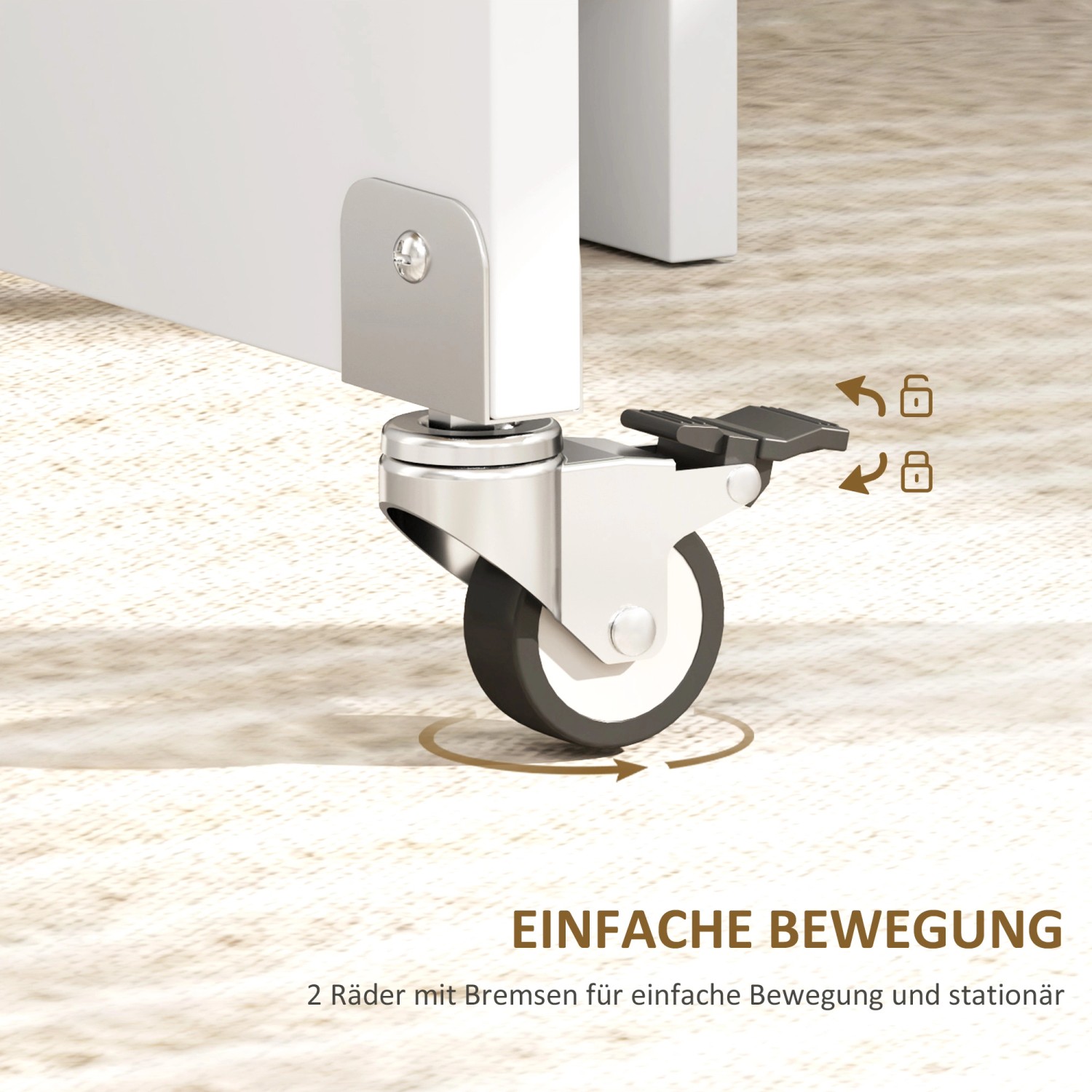 Detailaufnahme: Rolle mit Bremse am weißen HOMCOM Esstisch für flexible Nutzung.