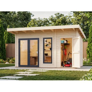Palmako Holz-Gartenhaus mit Pultdach, unbehandelt, 436x300 cm, 12,4 m² Grundfläche.