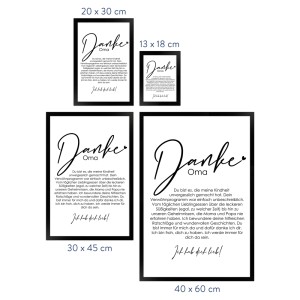 Gerahmtes Poster "Danke Oma" in verschiedenen Größen als Geschenkidee.