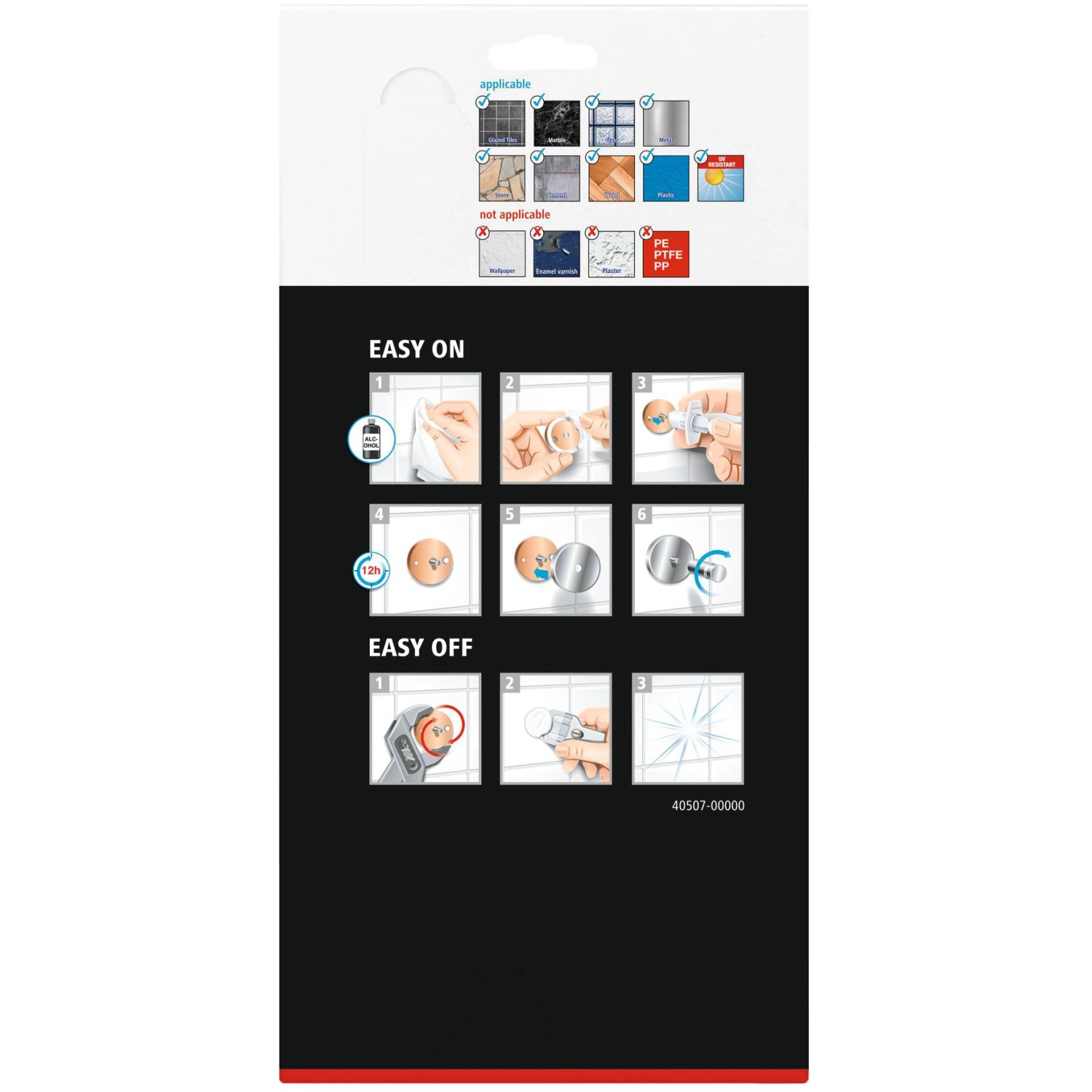 Anleitung zur Montage des Tesa Aluxx Eckduschkorbs mit Klebelösung, Schritt-für-Schritt-Anleitung.