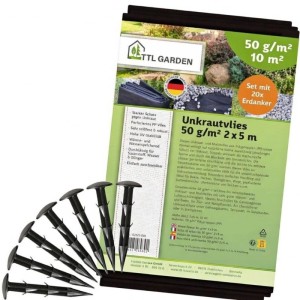 TTL GARDEN Unkrautvlies 50g/m² 2x5m 10m² Schwarz Inkl. 20 Erdanker 12cm Gartenvlies Mulchvlies UV-stabil