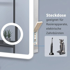 Aica Badspiegel mit LED-Beleuchtung, integrierter Steckdose & USB-Ports. Ideal für Rasierer, Zahnbürsten. Dimmbar, beschlagfrei.