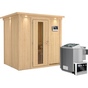 Karibu Sauna-Set Bjarne mit Bio-Ofen und Steuerung, Fichte natur, inkl. Dachkranz.
