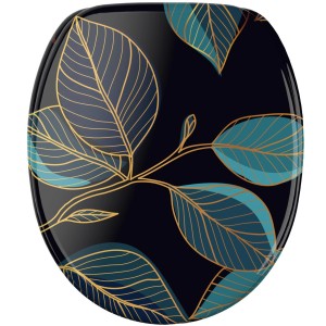 SANILO WC-Sitz Tavira mit Absenkautomatik, Holz, dunkelblau mit goldenem Blätterdesign.