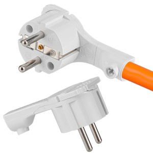 Weißer, flacher Winkelstecker für NYM-Kabel, Elektroinstallationsmaterial.