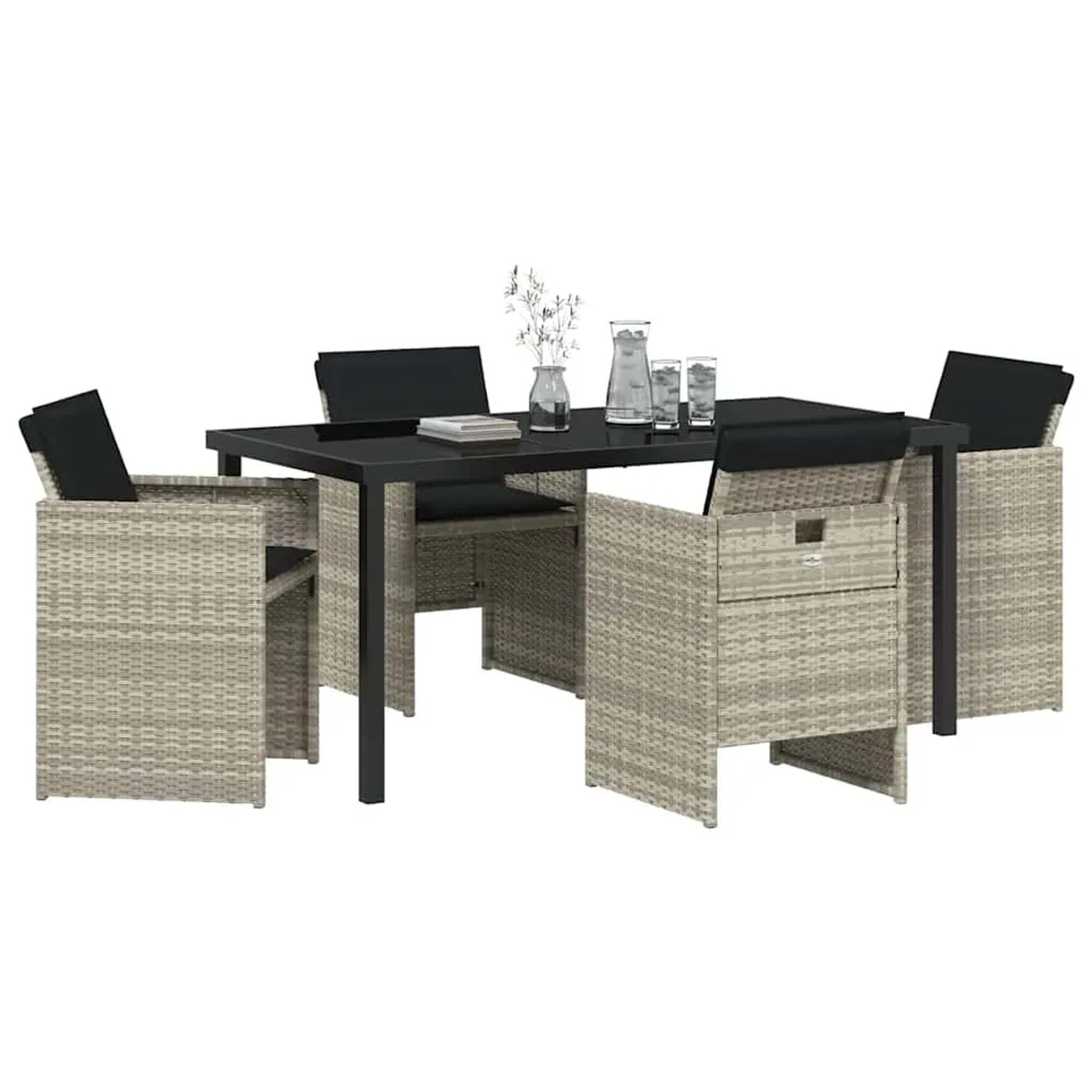 Hellgraue 5-tlg. Garten Essgruppe aus Poly Rattan mit Tisch und 4 Stühlen.
