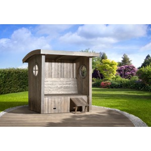 Weka Gartenlaube Merano, silbergrau gebürstet, mit Runddach und Stauraum unter der Sitzfläche.