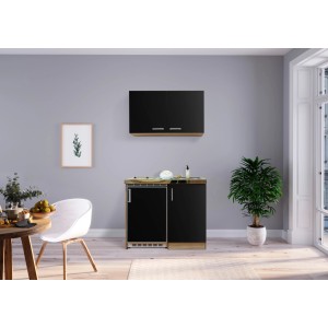 Respekta Miniküche MK100ESSOSC, 100 cm, Schwarz/Eiche Sägerau Nachbildung mit Kühlschrank und Kochfeld.