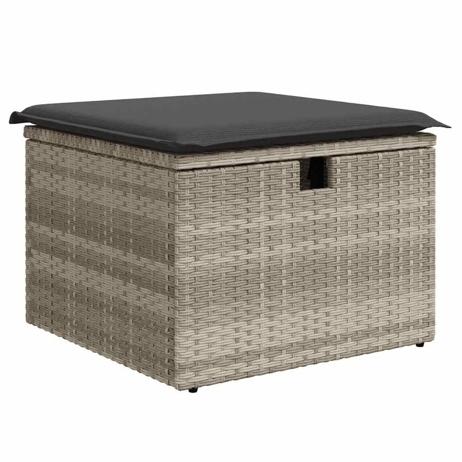 Hellgrauer vidaXL Gartenmöbel-Fußhocker aus Rattan mit dunklem Kissen und Stauraum.