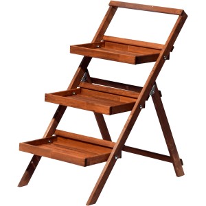 Klappbare, braune Dobar Blumentreppe aus FSC®-zertifiziertem Holz mit drei Ablageflächen für Gartendekoration.