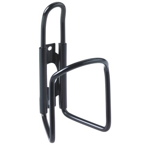 Schwarzer Alu-Trinkflaschenhalter zur Befestigung am Fahrrad.