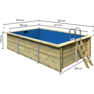 Karibu Holzpool Gr. 3 mit blauer Innenhülle und Leiter. Kesseldruckimprägniertes Holz.