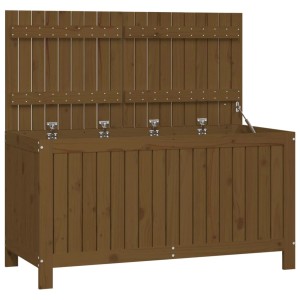 Gartentruhe aus Kiefernholz, honigbraun, 121x55x64 cm, mit geöffnetem Deckel und Latten-Design.