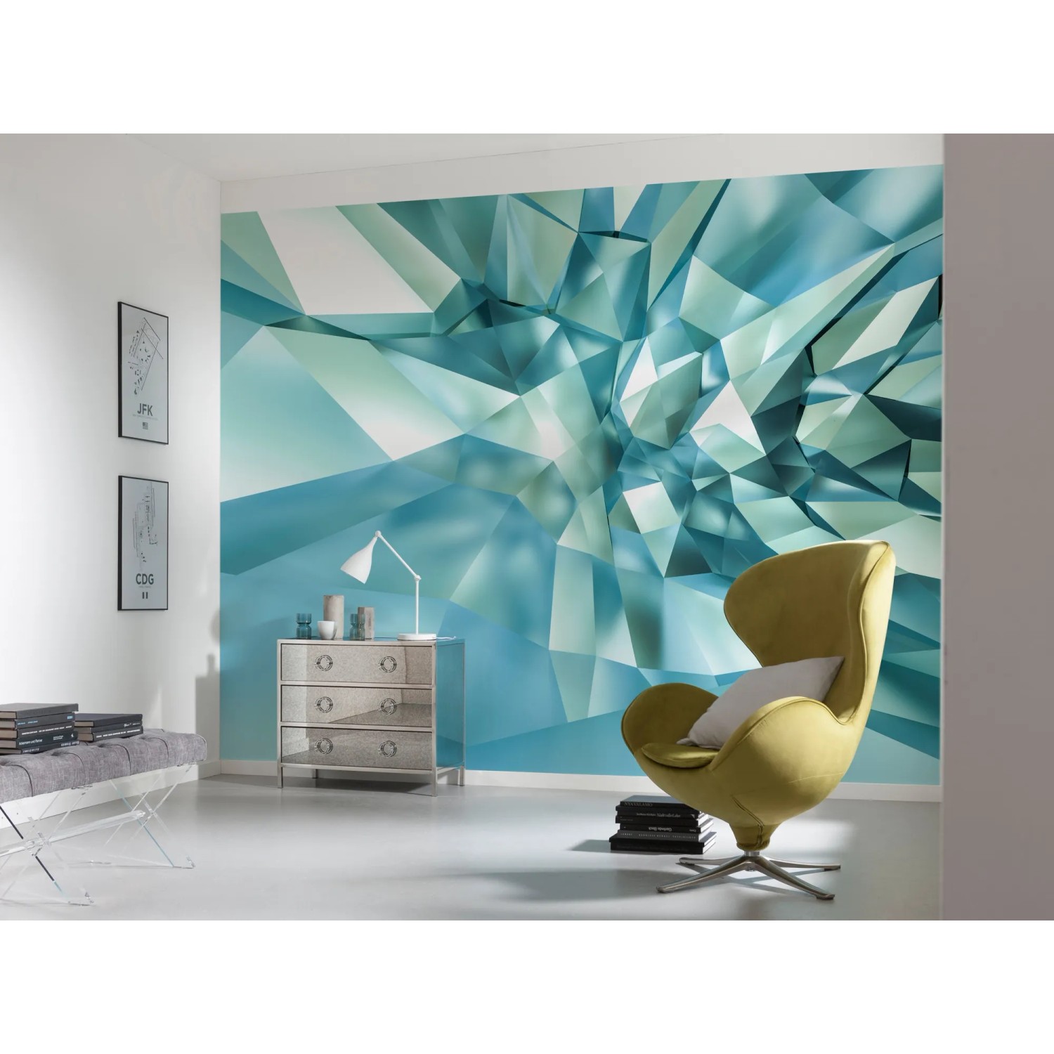 Komar Fototapete 3D Crystal Cave im Raum, abstrakte Kristall-Optik in Blau- und Türkistönen.