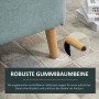 Detailansicht: Sitzbank mit hellblauem Leinenbezug und hellen Holzfüßen mit Bodenschützern.
