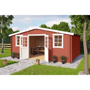 Lasita Holz-Gartenhaus Wels 5 in Schwedenrot mit geöffneten Doppeltüren und Fenstern.