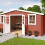 Lasita Holz-Gartenhaus Wels 5 in Schwedenrot mit geöffneten Doppeltüren und Fenstern.