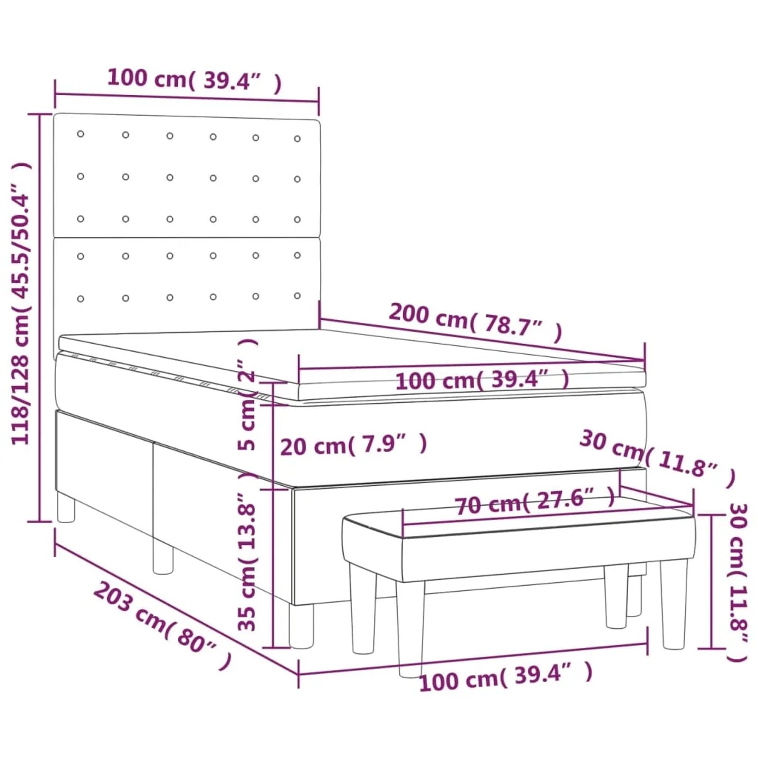 vidaXL Boxspringbett hellgrau (100x200 cm) mit Matratze und Bank, Maßeinteilung.