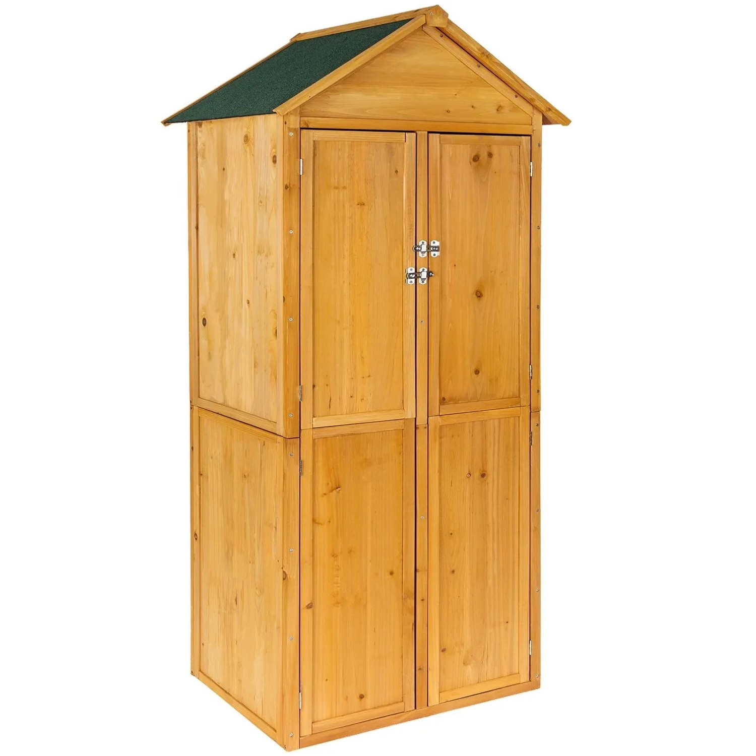 Tectake Gartenschrank Mit Satteldach Kadi Aus Imprägniertem Nadelholz Zwei Regalböden 80 50 x 60 x 213 50 cm Braun