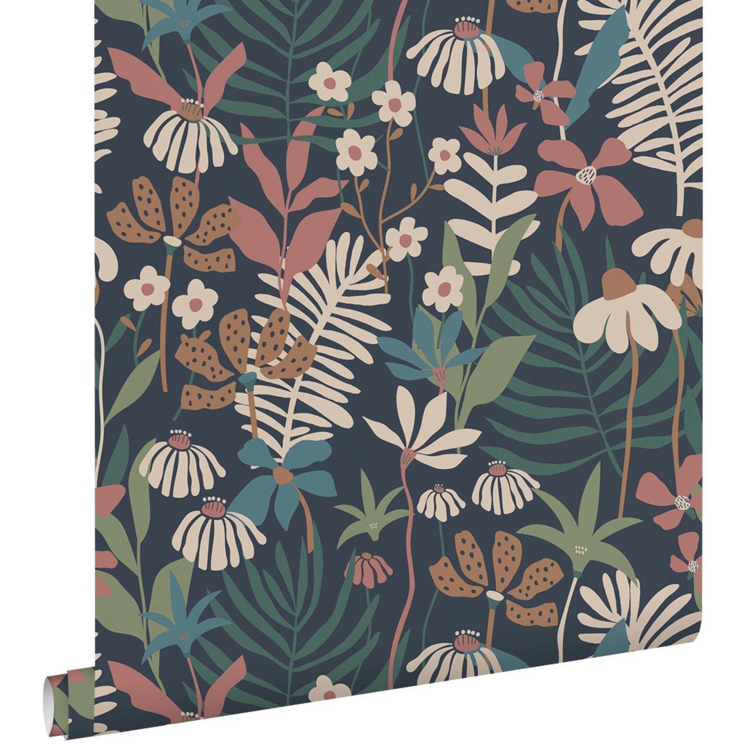 ESTAhome Tapete Tropische Blätter Und Blüten Dunkelblau Und Mehrfarbig 50 X günstig online kaufen