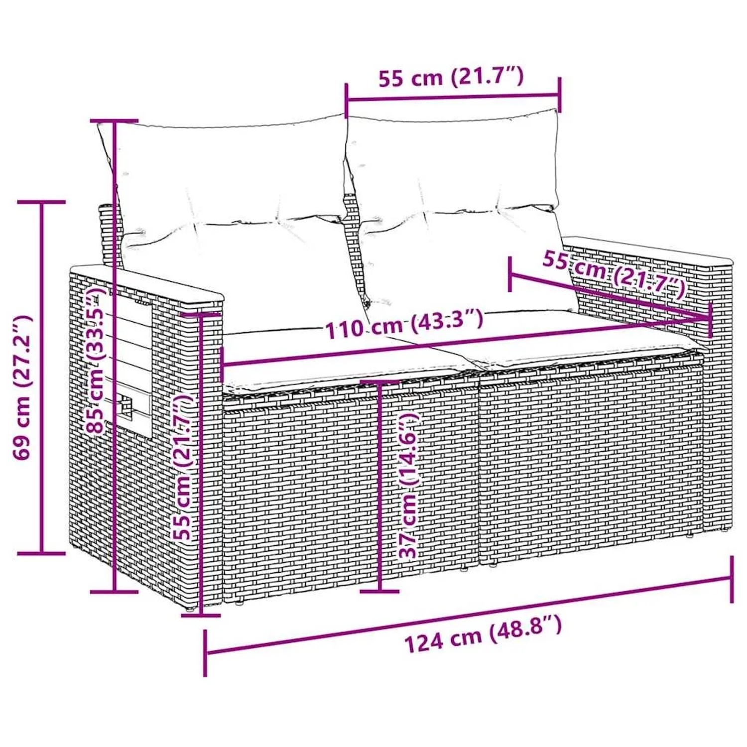vidaXL Garten-Sofagarnitur, 11-teilig, schwarz, Poly Rattan, mit Maßangaben.