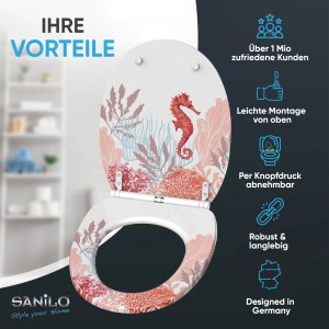SANILO WC-Sitz Sea Horse mit Absenkautomatik und Top-Fix-Befestigung, maritimes Design.