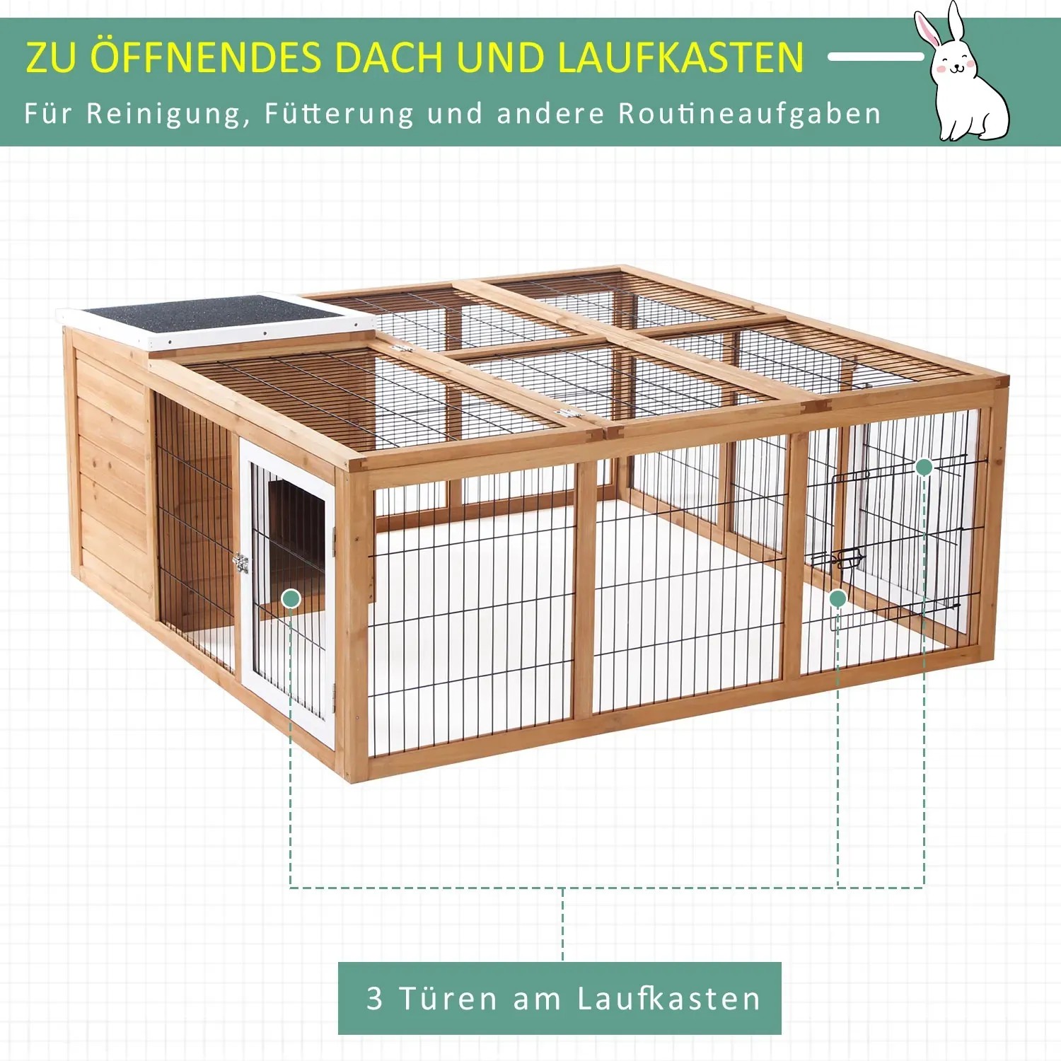 PawHut Kaninchenstall mit zu öffnendem Dach und drei Türen, ideal als Freilaufgehege.