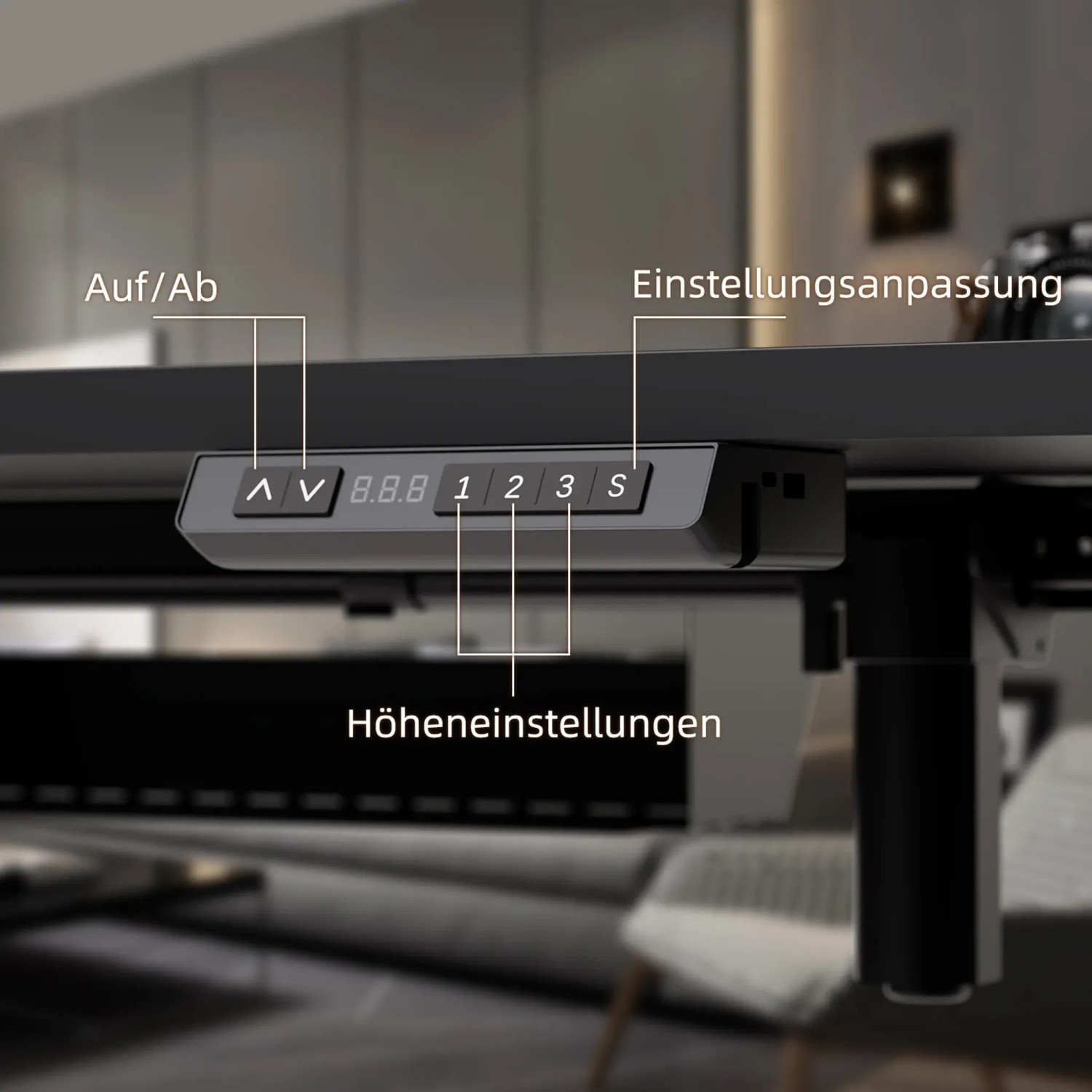 Detailansicht: Bedienelement für Höhenverstellung am HOMAVO Schreibtisch mit Memory Funktion.