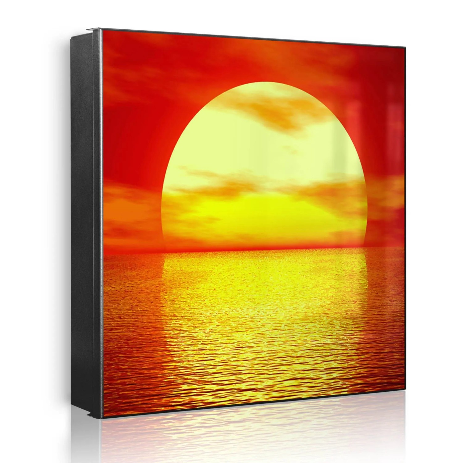 Banjado Großer Schlüsselkasten Metall 30x30cm Schwarz Scharnier Links 50 Haken Beschreibbar Magnetisch Motiv Sonnenuntergang