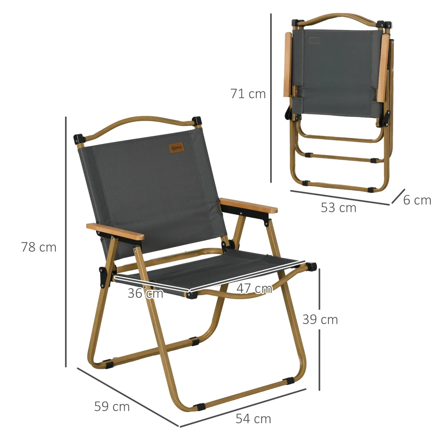 Outsunny Campingstuhl, dunkelgrauer Oxfordstoff, Stahlgestell, Maße: 54x59x78cm, zusammengeklappt und aufgebaut.