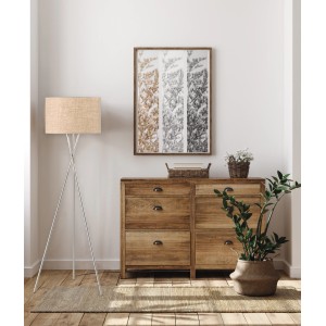 Fischer & Honsel Stehleuchte Wotan, 3-flammig, Nickel/Sand Leinen, Dreibein-Design.