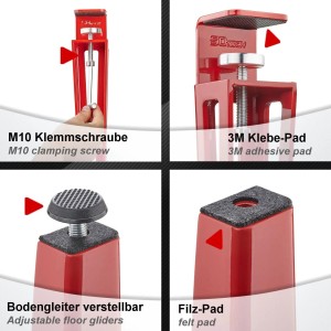 Rotes SOTECH F-Tischbein: M10 Klemmschraube, 3M Klebe-Pad, verstellbarer Bodengleiter und Filz-Pad für Möbelbeine.