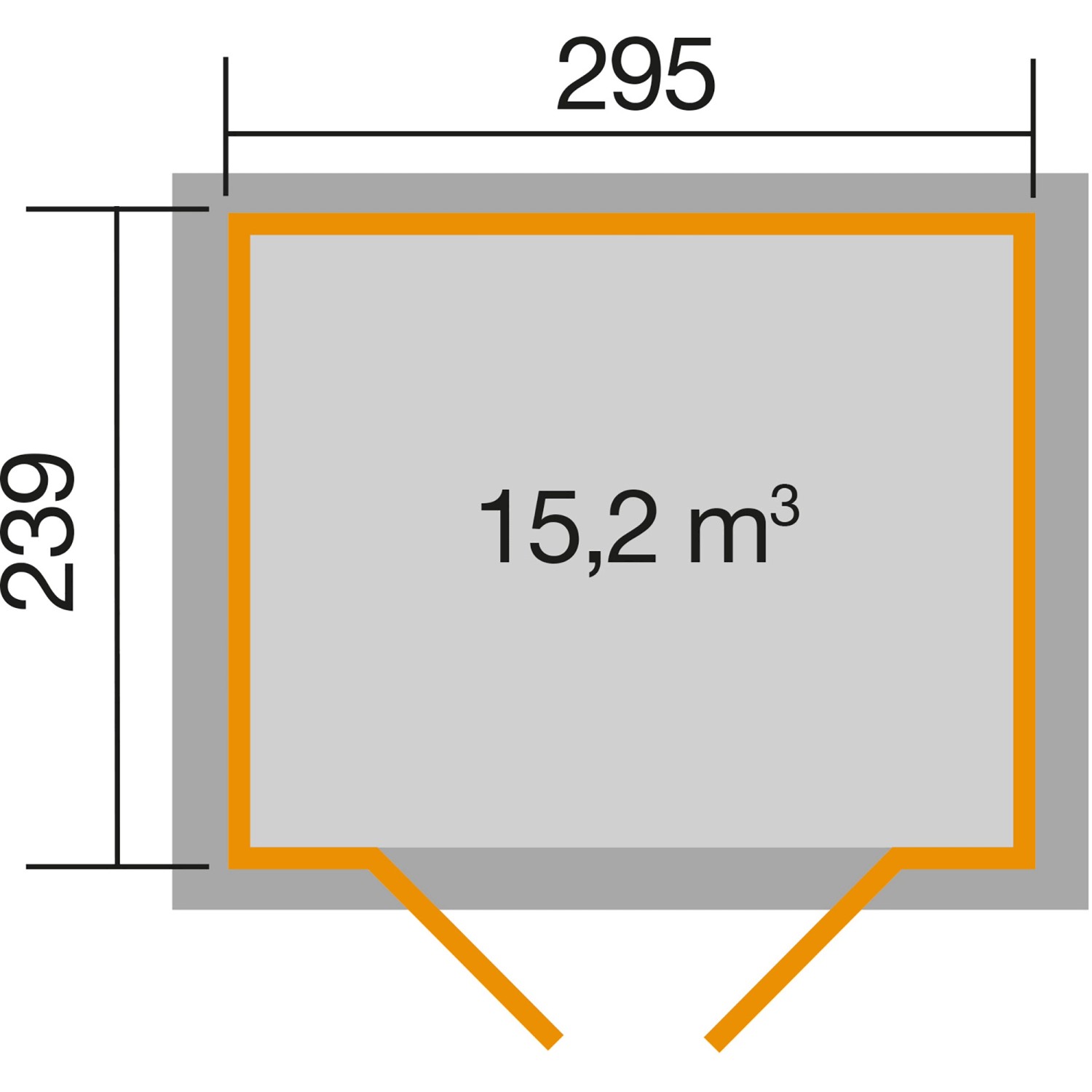 Grundriss Weka Gartenhaus 264, Pultdach, lasiert, mit Maßen und Volumenangabe.