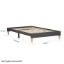 Graues Homestyle4u Polsterbett 90x200 mit Lattenrost, ohne Matratze, mit Holzfüßen und Maßangaben.