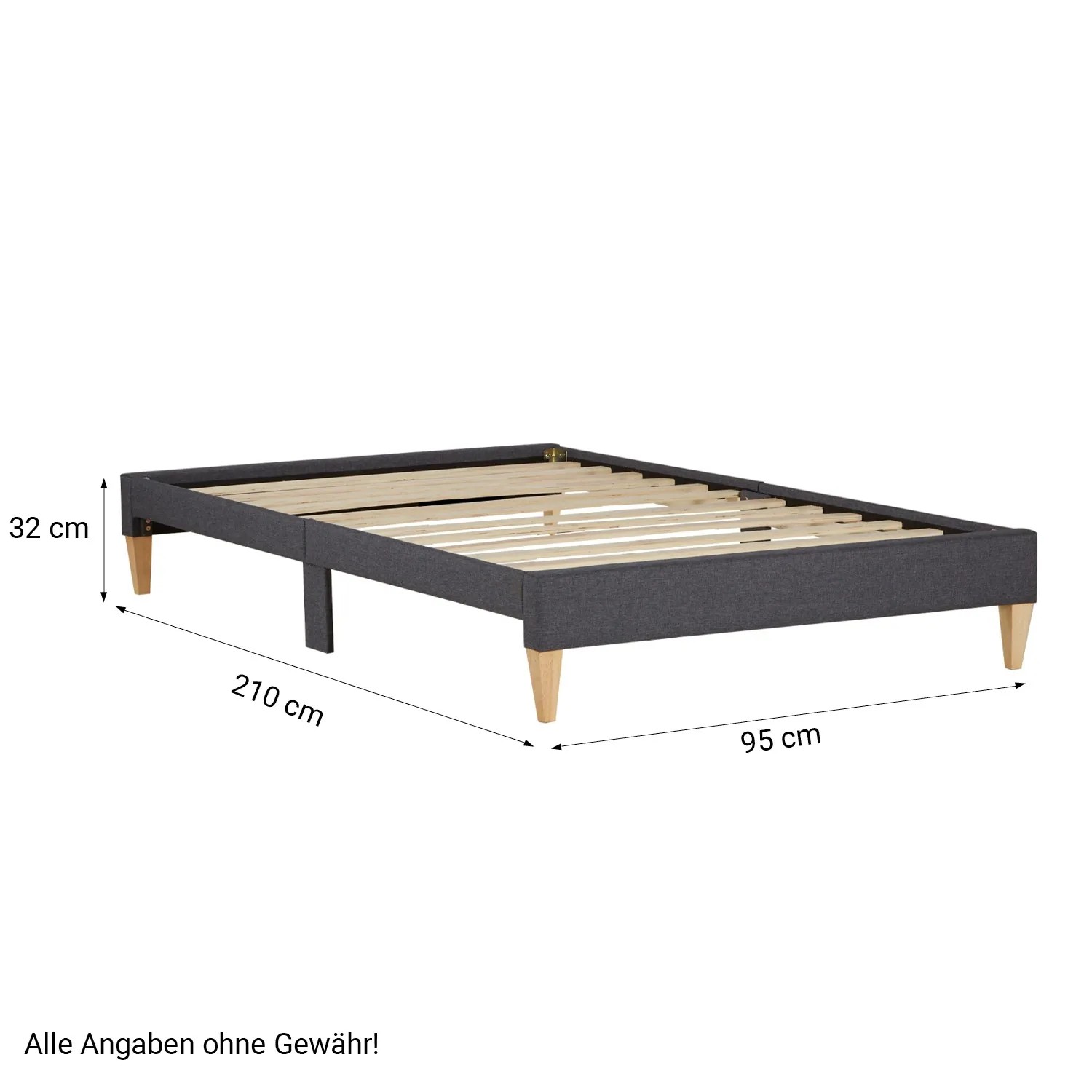 Graues Homestyle4u Polsterbett 90x200 mit Lattenrost, ohne Matratze, mit Holzfüßen und Maßangaben.