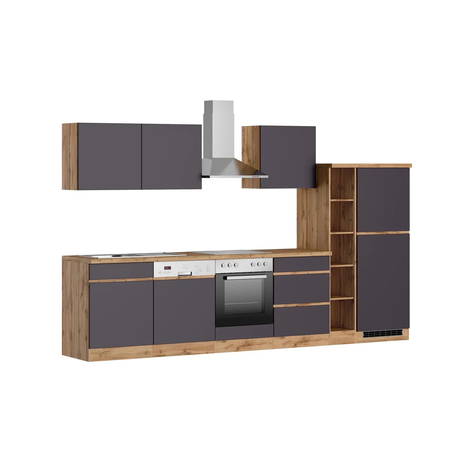 Moderne Held Möbel Küchenzeile Turin 330 cm in Graphit- und Wotaneiche-Optik mit E-Geräten.