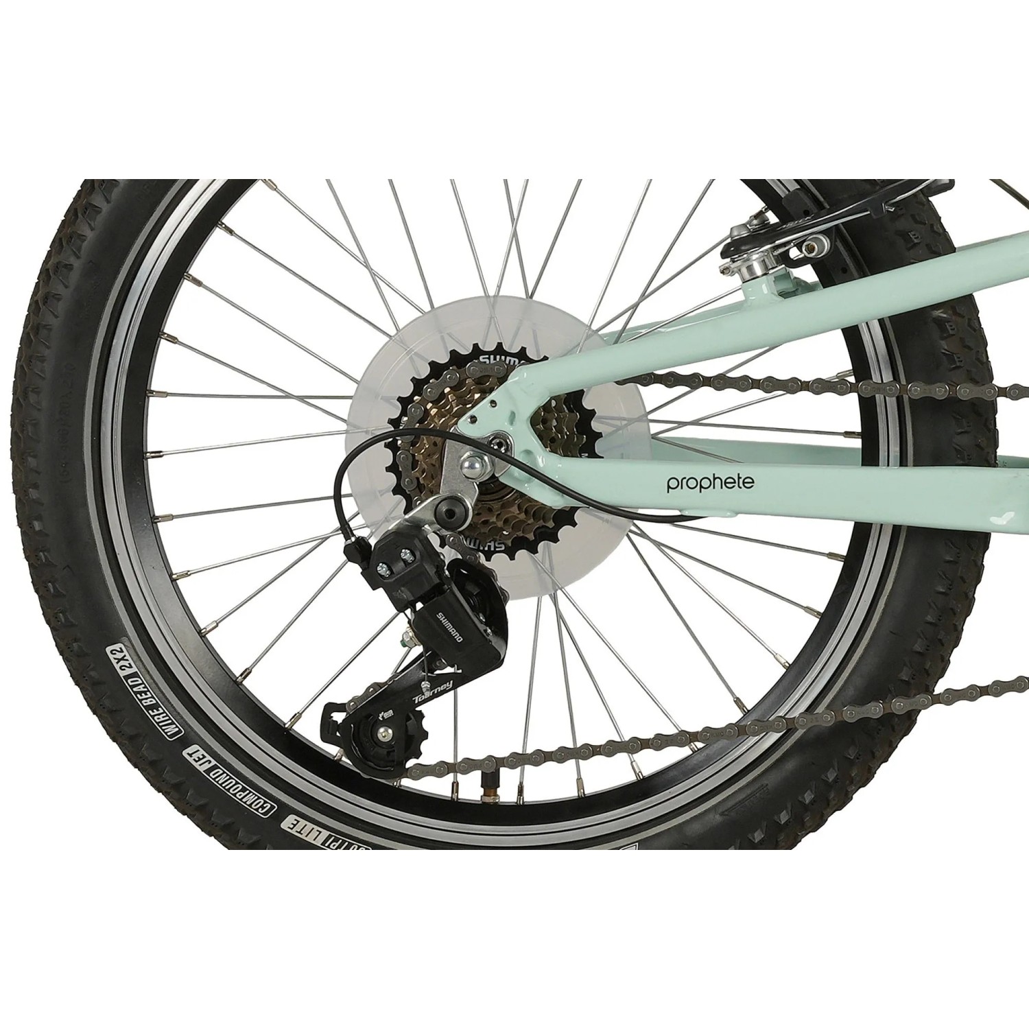 Detailaufnahme: Prophete Mountainbike Trio 100 Kinder-ATB 20 Zoll, Mint, mit Shimano Tourney 7-Gang-Schaltung.
