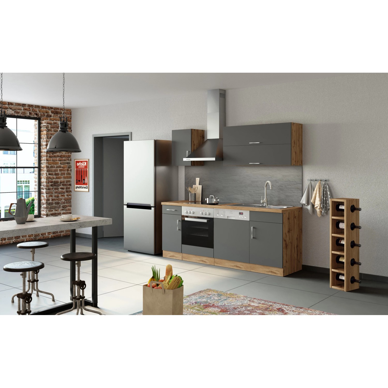 Moderne Held Möbel Küchenzeile Sorrento in Anthrazit- und Wotaneiche-Optik, ohne E-Geräte.
