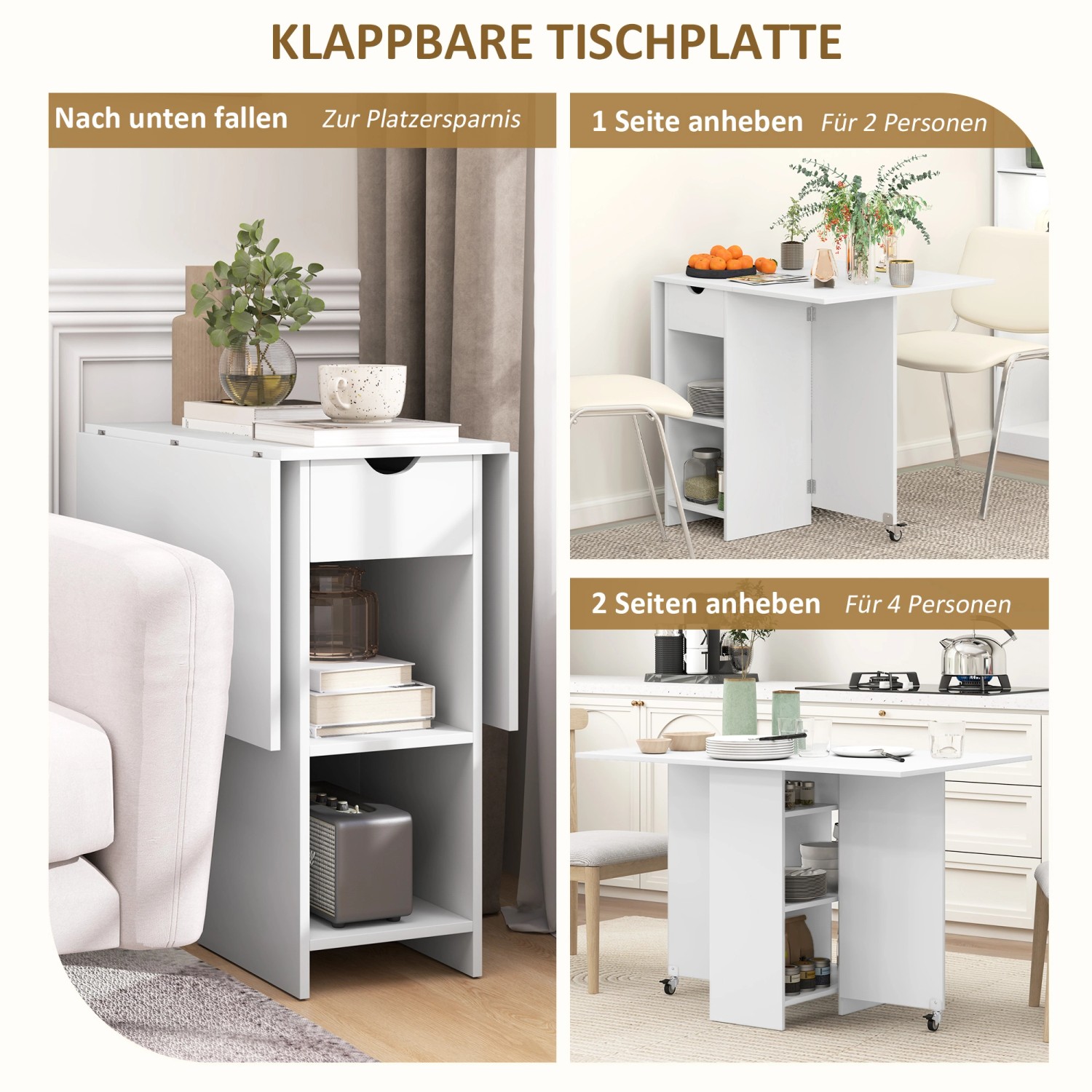 HOMCOM Esstisch, weiß, klappbar für 2-4 Personen, mit Schublade und Regalfächern.