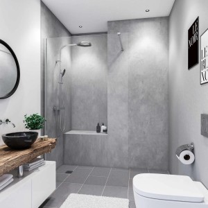 Modernes Bad mit Breuer Duschrückwand Soft-Touch Beton-Optik Grau, Dusche und Waschtisch.