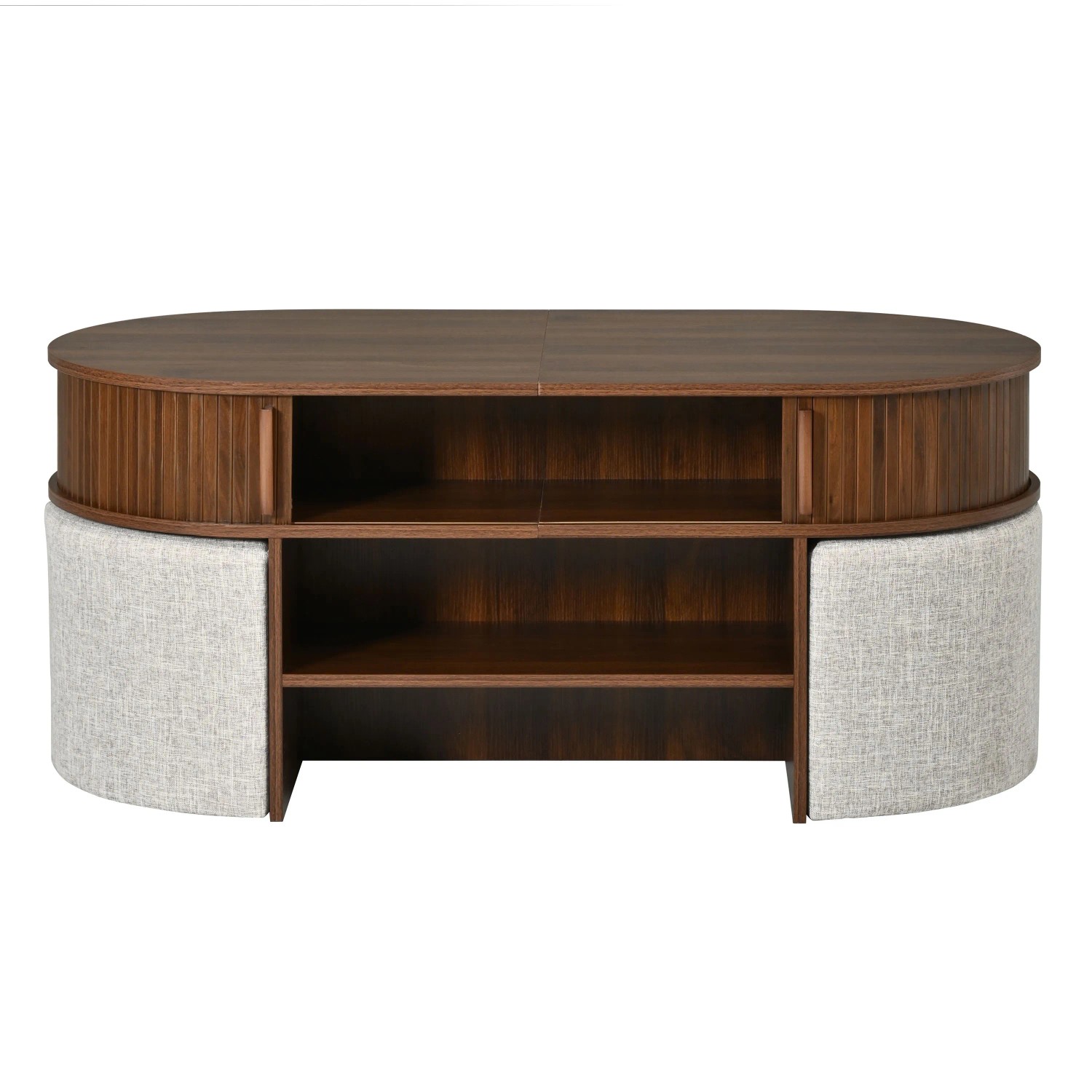 Merax Couchtisch Set mit Hockern Oval Schiebetüren Rillenoptik Stauraum