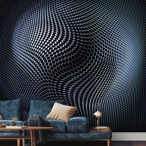 3D Fototapete mit grafischem Hexagon Wabenmuster in Schwarz und Weiß im Wohnzimmer.