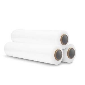 Drei Rollen weiße DeTec. Stretchfolie (150m) für Verpackung und Versand.