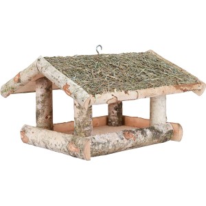 Vogelfutterhaus aus Birke mit Heudach, groß, zur Fütterung von Wildvögeln im Garten.