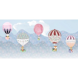 Komar Vlies Fototapete Happy Balloon 500x250cm mit Heißluftballons und Tieren vor blauem Himmel.