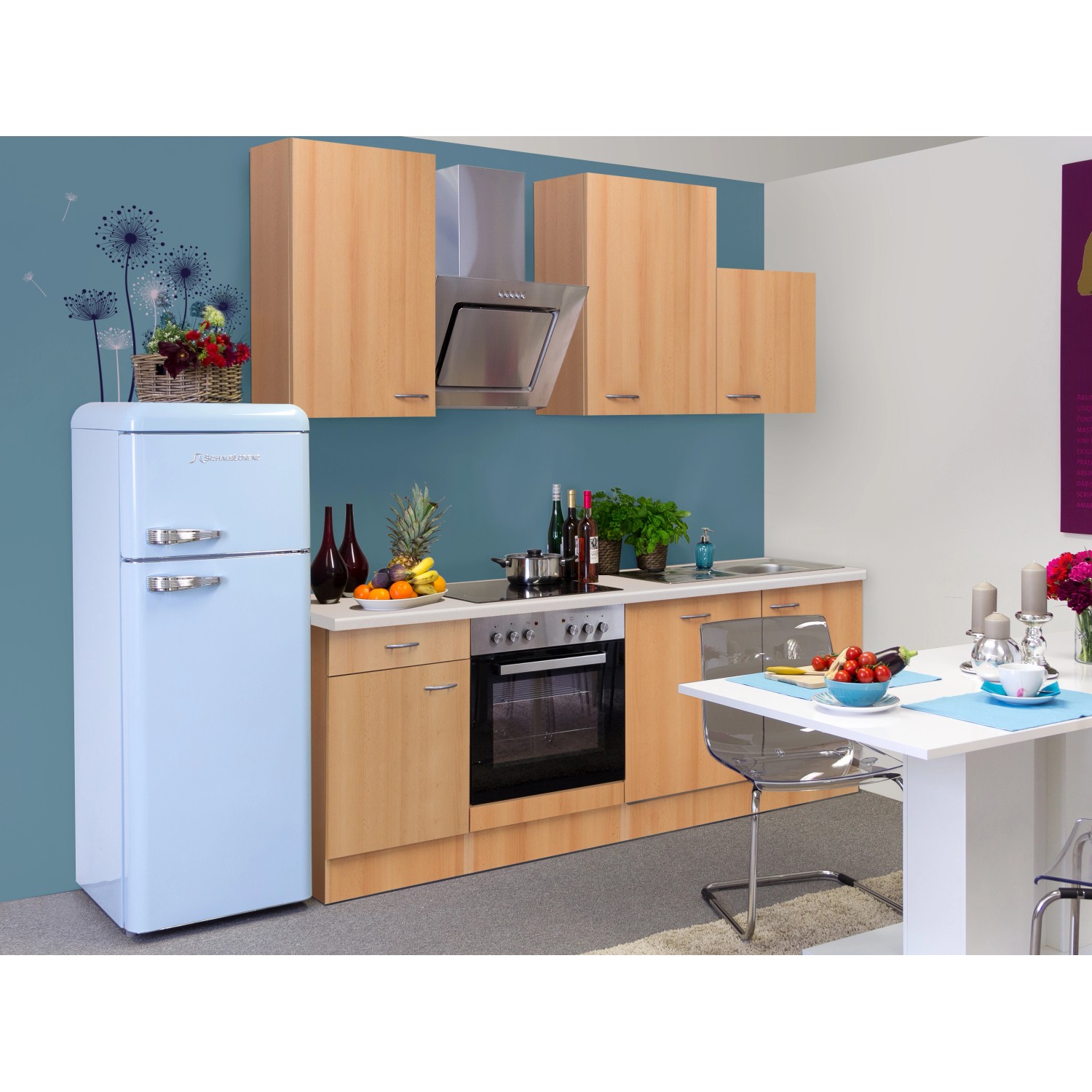 Flex-Well Classic Küchenzeile/Küchenblock Nano 220 cm Buche Nachbildung