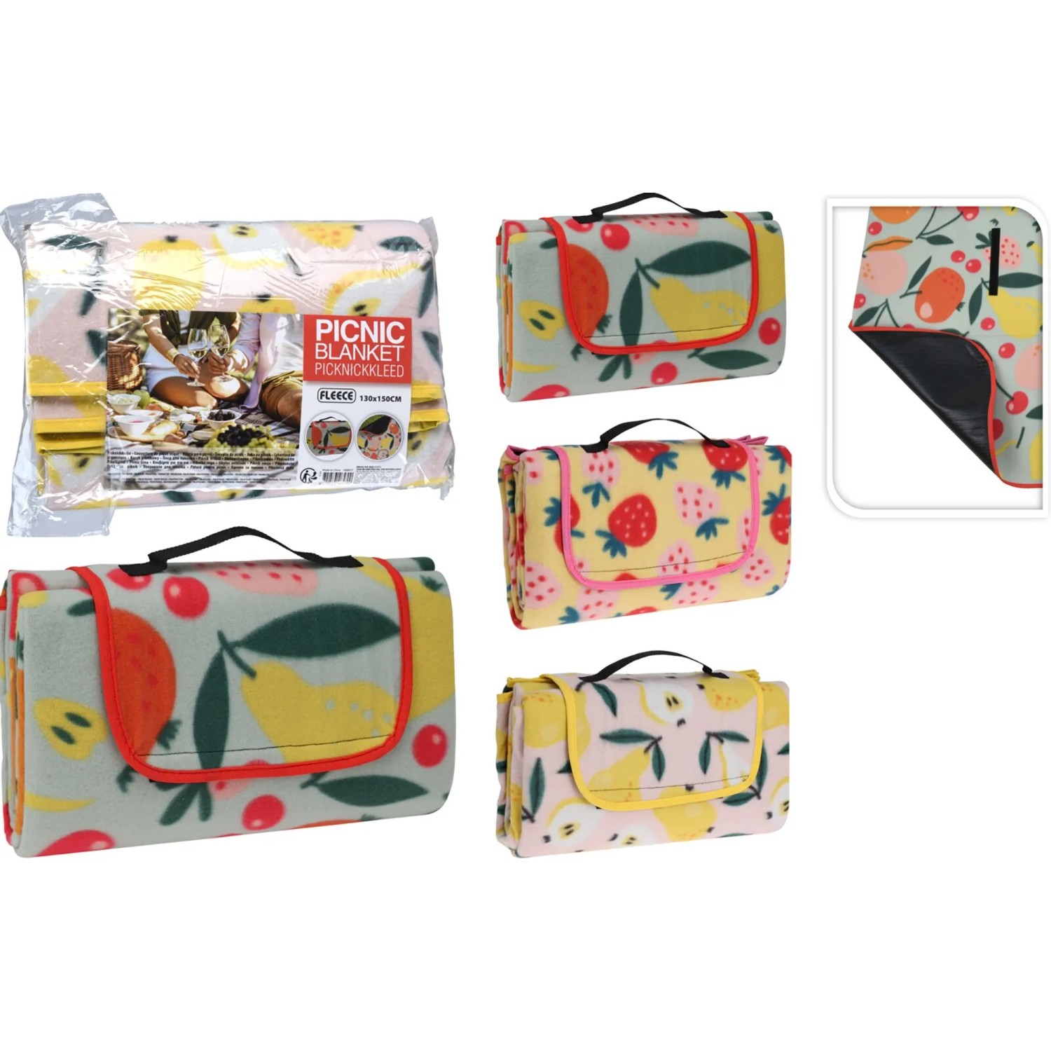 Picknickdecke mit Obstdesign, Fleece, wasserfest, 130x150 cm, verschiedene Designs.