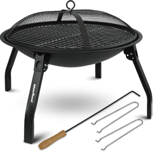 DELUKE Feuerschale mit Funkenschutz KHELO Mit Grillrost Feuerstelle für Garten Lagerfeuer Terrasse 55cm mit Deckel Schwarz